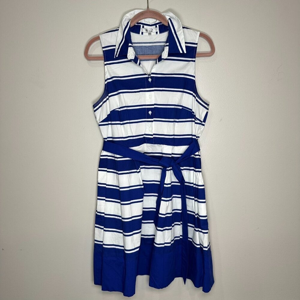 Milly Dress White Navy Stripes Size 14 Sleeveless Belt Button Front Pockets